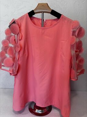 Coral Sheer Floral Applique Sleeve Blouse Top Medium Boutique